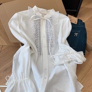 White Lace Trim Tie Neck Blouse